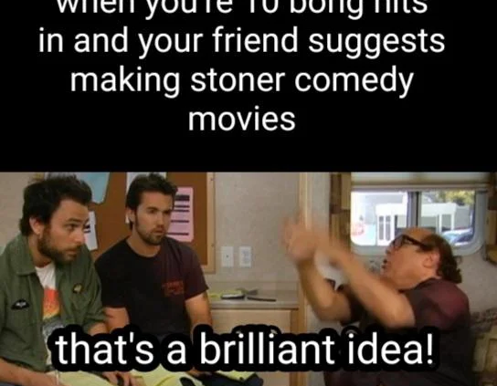when youre 10 bong hits in and your friend suggests making stoner comedy movies thats a brilliant idea meme