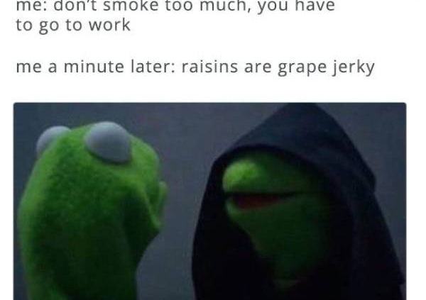 me dont smoke too much you have to do to work me a minute later raisins are grape jerky kermit the frog meme