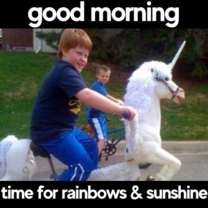 good morning time for rainbows & sunshine kids riding unicorn meme