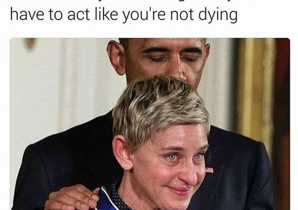when u hit the blunt too hard & u choke for like two straight minutes but now it's your turn again & you have to act like you're not dying ellen barrack obama meme