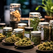 cannabis flower strains laid out at a dispensary