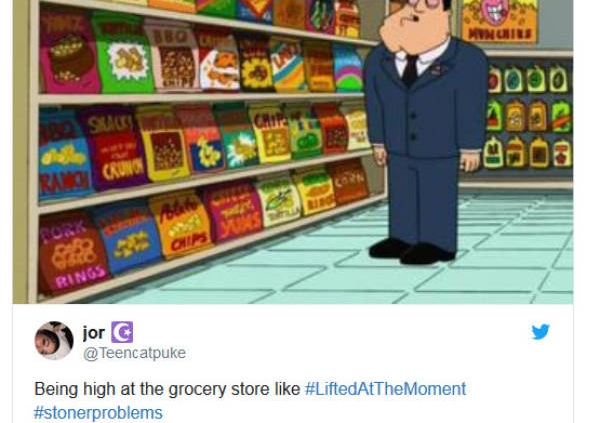 being high at the grocery store like #liftedatthemoment #stonerproblems twitter post from @teencatpuke august 15, 2014