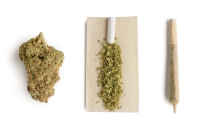 Marijuana bud ,crushed bud of marijuana on the rolling paper and rolling cannabis joint.