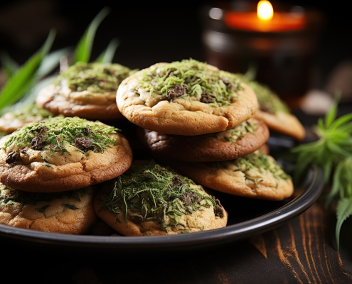 cookies baked with marijuana and cannabis leaves on the table. Edible food with legal drugs